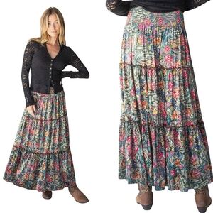 Natural Life Floral Velvet Green Tiered Maxi Skirt